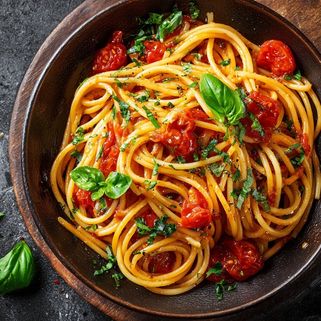 Spaghetti mit Tomaten und Basilikum