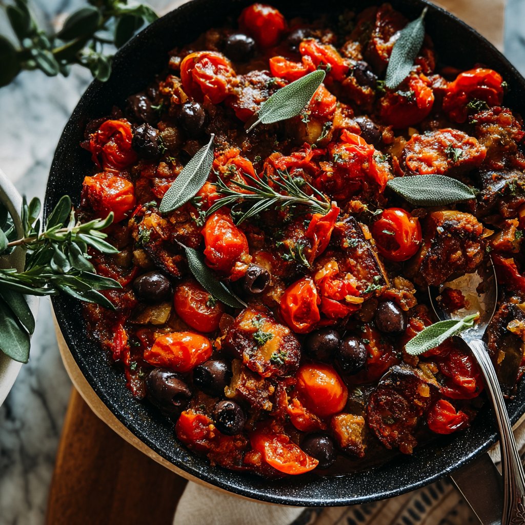 Auberginenpfanne mit Tomaten und Oliven